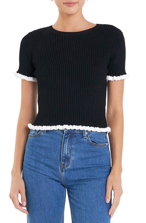 Ruffle Trim Short Sleeve Rib Sweater