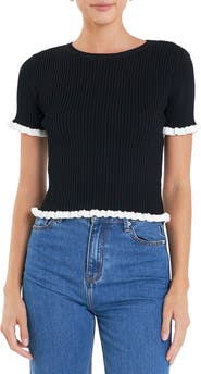 English Factory Ruffle Trim Short Sleeve Rib Sweater