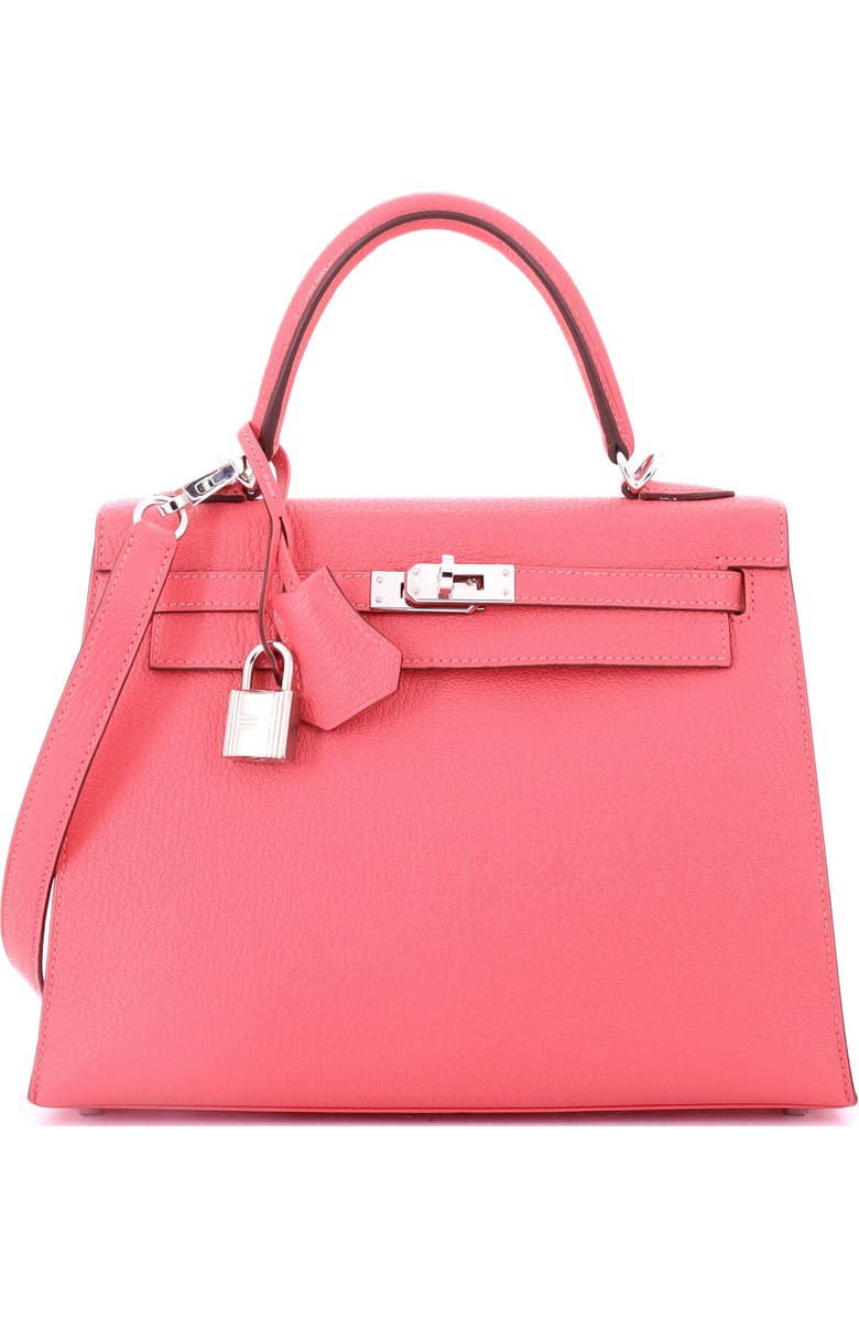 Pre-Owned Hermes Kelly Handbag Pink Chevre Mysore with Palladium Hardware 25, Main, color, Rose Azalee
