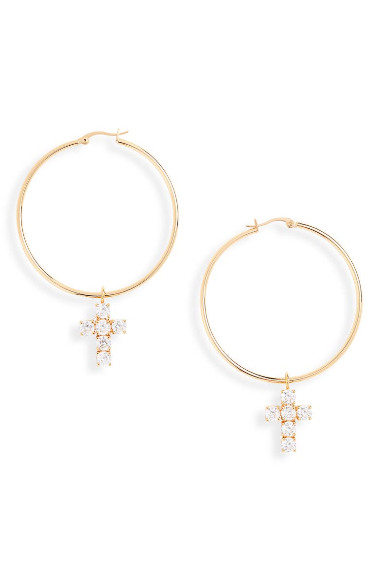 Sterling Forever Cross Hoop Earrings, Main, color, 