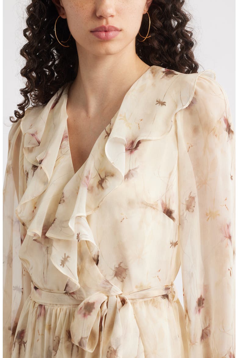 Floral Ruffle Trim Long Sleeve Chiffon Minidress, Alternate, color, BEIGE FLORAL