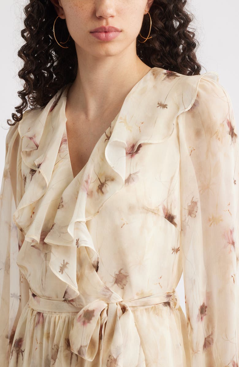 Chelsea28 Floral Ruffle Trim Long Sleeve Chiffon Minidress, Alternate, color, Beige Floral