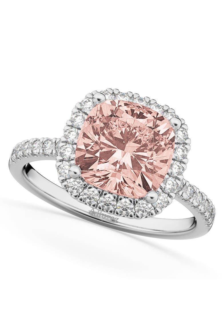 Cushion Cut Halo Morganite & Diamond Engagement Ring 14k White Gold, Main, color, 3.11ct/White Gold