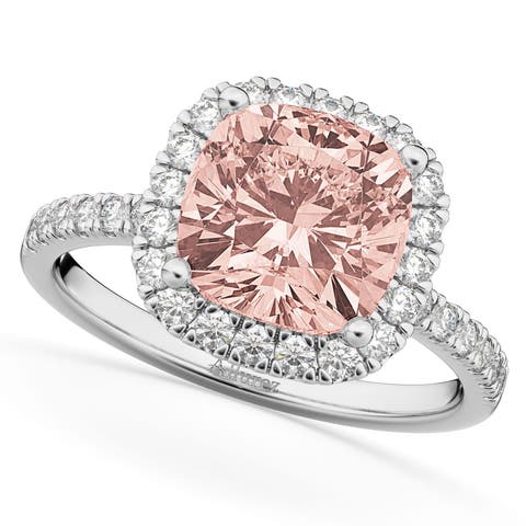 Cushion Cut Halo Morganite & Diamond Engagement Ring 14k White Gold