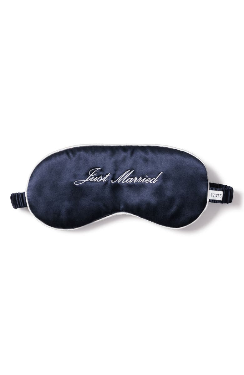 Petite Plume Just Married Embroidered Silk Sleep Mask, Main, color, Navy