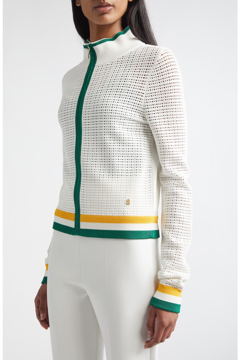 Geometric Point Open Knit Zip-Up Jacket, Alternate, color, BRIGHT WHITE MULTI