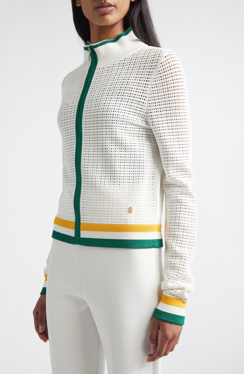 ST. JOHN Geometric Point Open Knit Zip-Up Jacket, Alternate, color, Bright White Multi