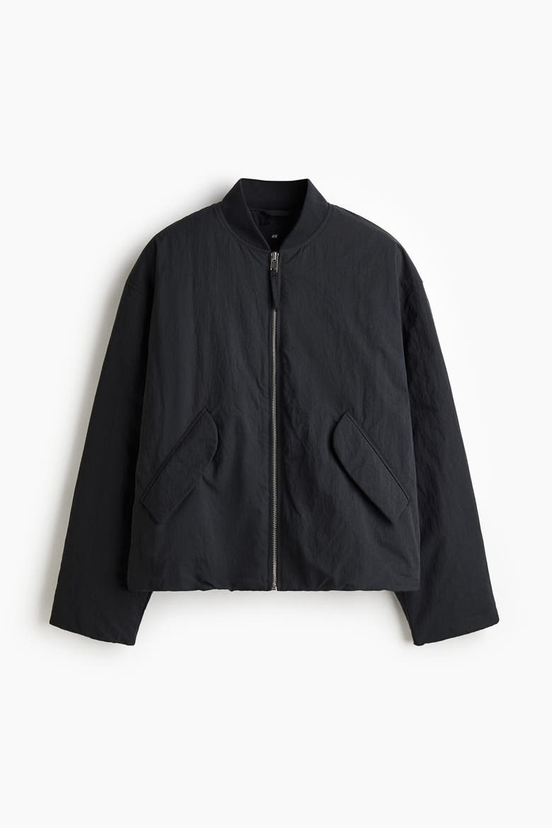 Loose Fit Nylon Bomber Jacket, Alternate, color, Black