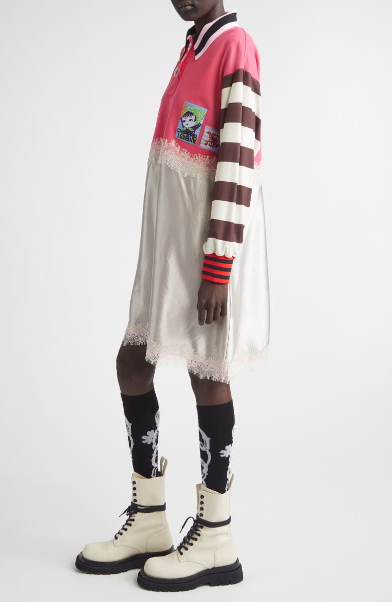 Chopova Lowena Long Sleeve Piqué & Satin Polo Dress, Alternate, color, Pink Multi