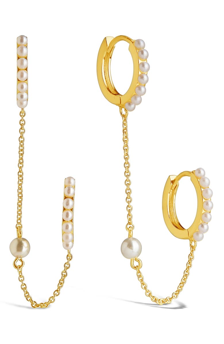 Sterling Forever Zornia Double Imitation Pearl Huggie Hoop Earrings, Main, color, 