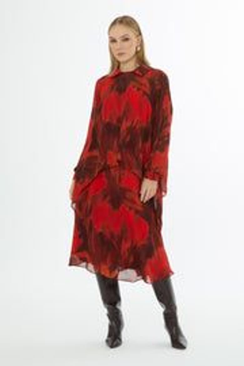 Collared Patterned Relaxed-Fit Blouse with Inner Camisole, Main, color, Red