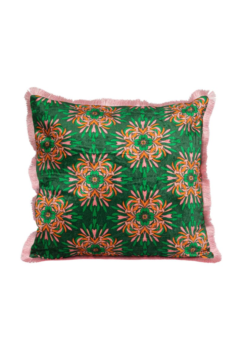 Cotton Blend Velvet Printed Pillow with Floral Pattern and Eyelash Fringe, Green, Pink and Orange Color, Main, color, Green
