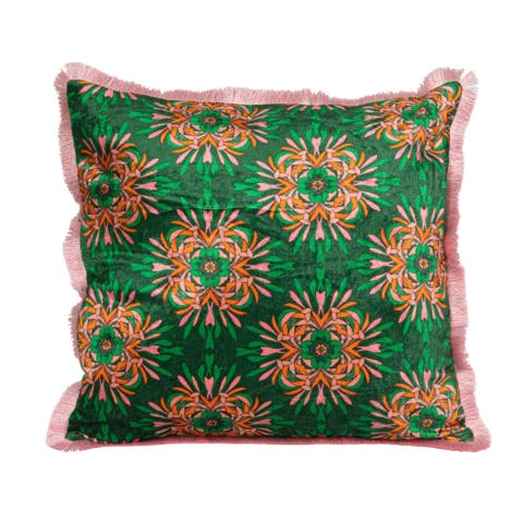 Cotton Blend Velvet Printed Pillow with Floral Pattern and Eyelash Fringe, Green, Pink and Orange Color
