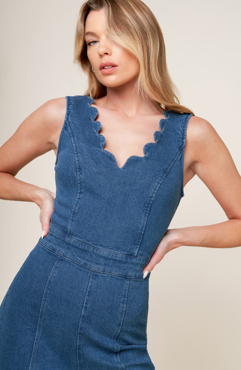 FLYING TOMATO Scallop Wide Leg Denim Jumpsuit, Alternate, color,
