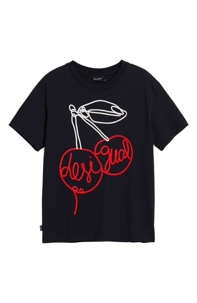 Desigual Cherry Rope Embellished Cotton Graphic T-Shirt, Alternate, color, Black