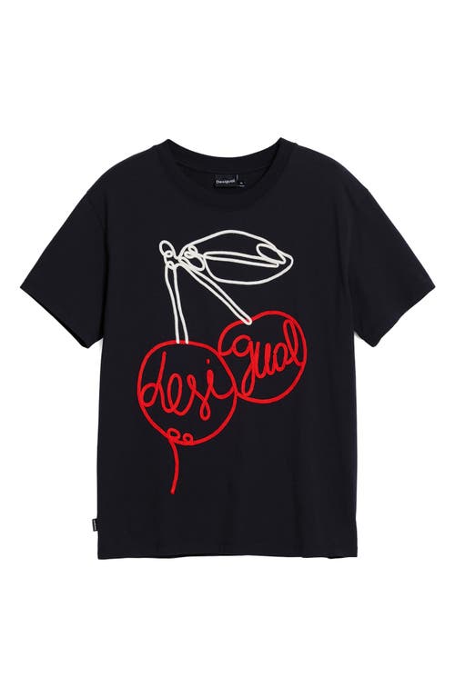 Desigual Cherry Rope Embellished Cotton Graphic T-shirt In Black
