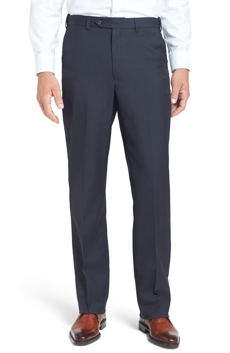Berle Self Sizer Waist Plain Weave Flat Front Washable Trousers, Main, color, Navy