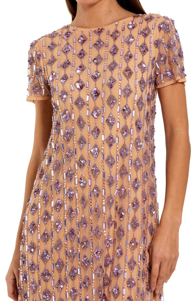 Mac Duggal Mesh Beaded Cap Sleeve A Line Above Knee Dress, Alternate, color, Nude Lilac