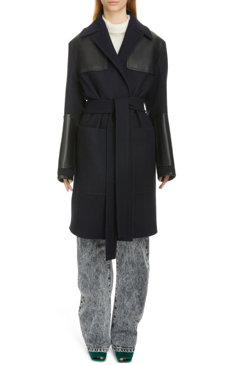 Victoria Beckham Leather Detail Merino Wool Blend Wrap Coat, Alternate, color,
