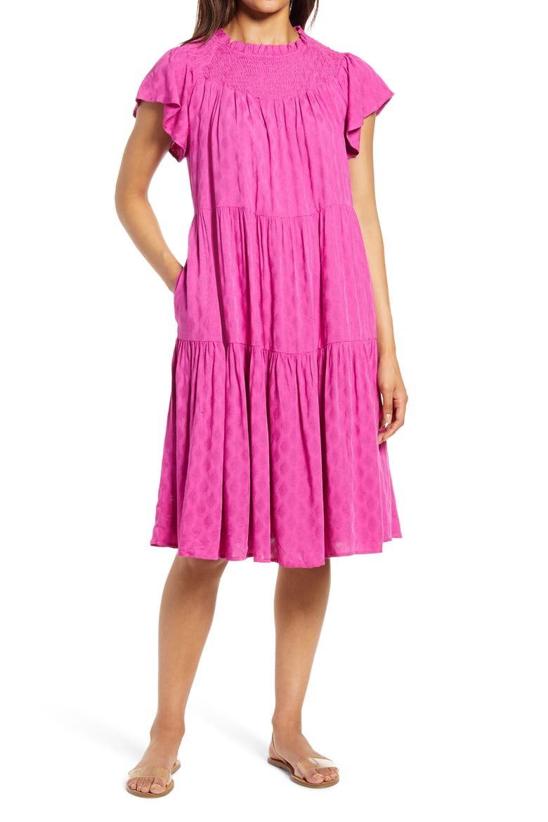 Flutter Sleeve Tiered Jacquard Dress, Main, color, FUCHSIA