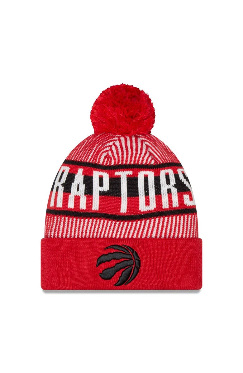 New Era Men's New Era Red Toronto Raptors Striped Cuffed Pom Knit Hat, Main, color, Red