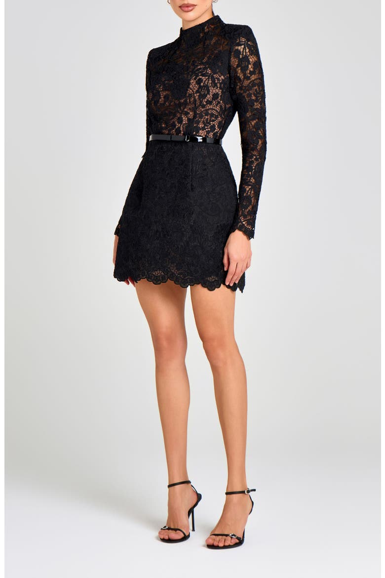 Addison Long Sleeve Lace Overlay Cocktail Minidress, Alternate, color, BLACK