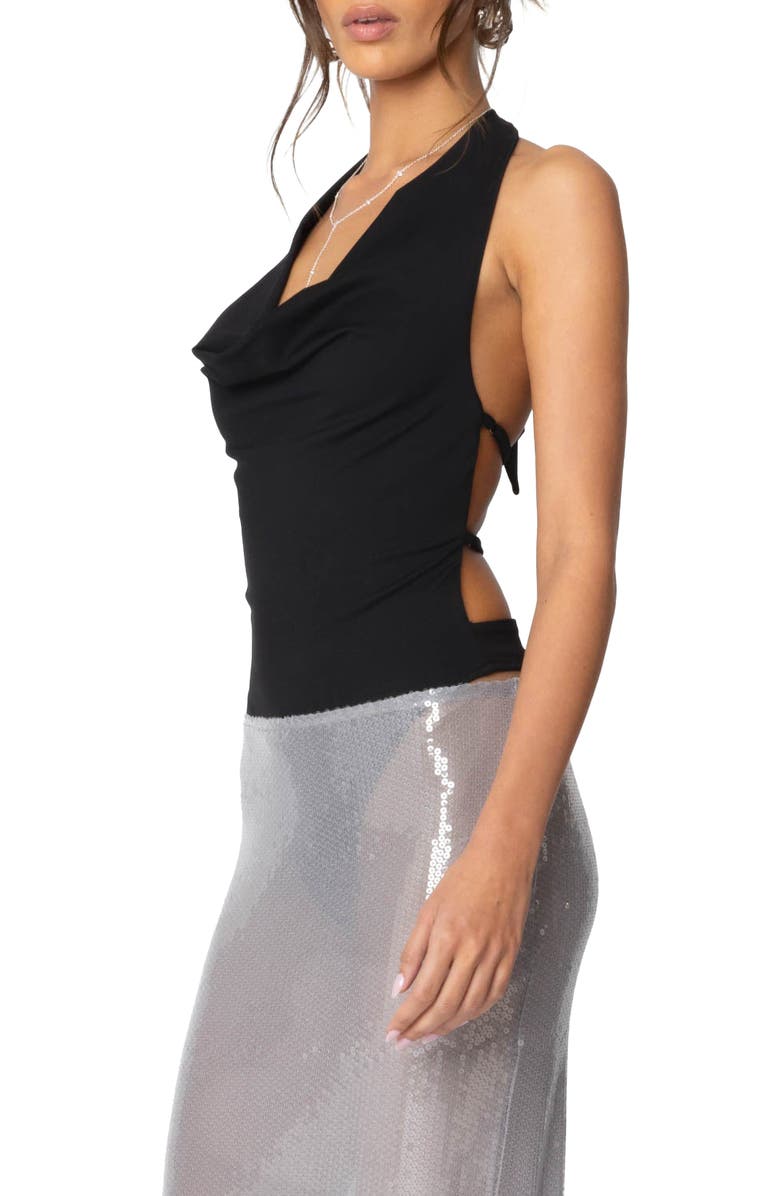 EDIKTED Cowl Neck Open Back Bodysuit, Alternate, color, Black