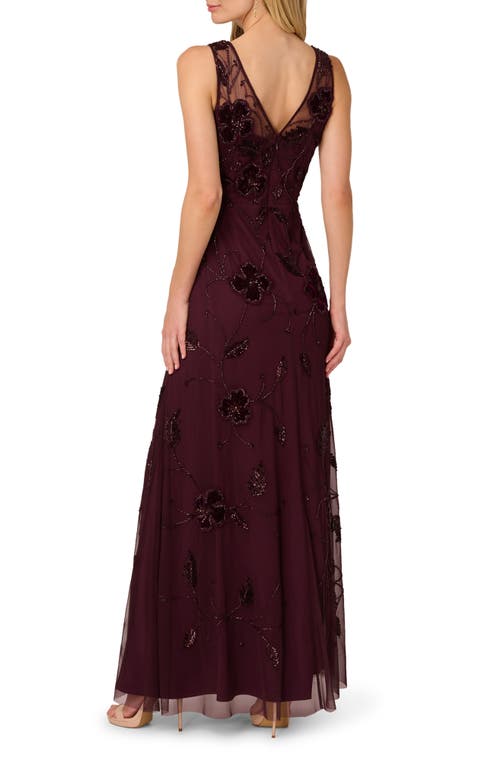 Adrianna Papell Beaded Floral Velvet Gown In Burgundy