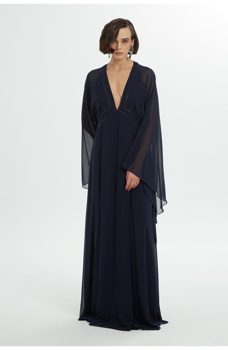 Gizia Bead Embroidered Ruffled Sleeve Lined Navy Chiffon Dress, Main, color, Navy