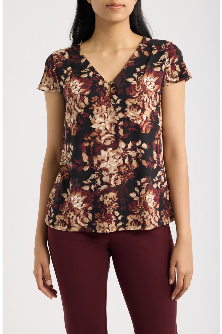 Pleated Neck Cap Sleeve Top, Main, color, ANNE BLACK MULTI