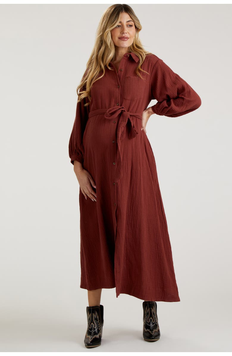 PinkBlush Gauze Belted Shirt Midi Dress, Main, color, Rust