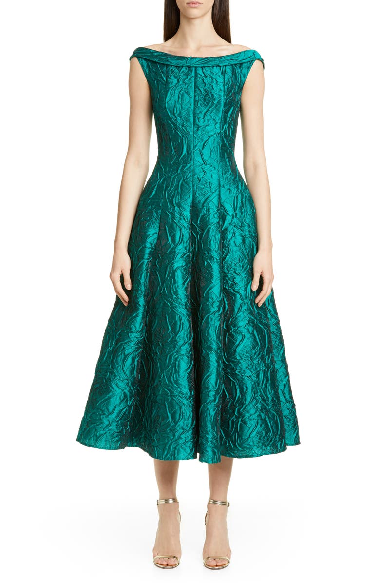 Talbot Runhof Rose Jacquard Fit & Flare Midi Dress, Main, color, Teal