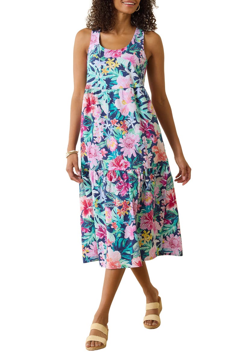 Tommy Bahama Perfectly Paradise Floral Stretch Cotton Midi Dress, Main, color, Island Navy