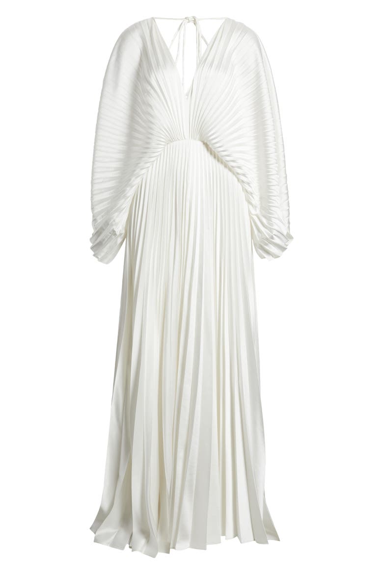 Wonastow Long Sleeve Pleated Satin Maxi Dress, Alternate, color, IVORY