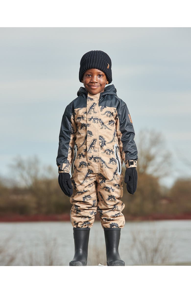 Deux par Deux Boy's Printed Mid-Season One-Piece Outerwear Black Dinosaur On Beige Background, Alternate, color, 