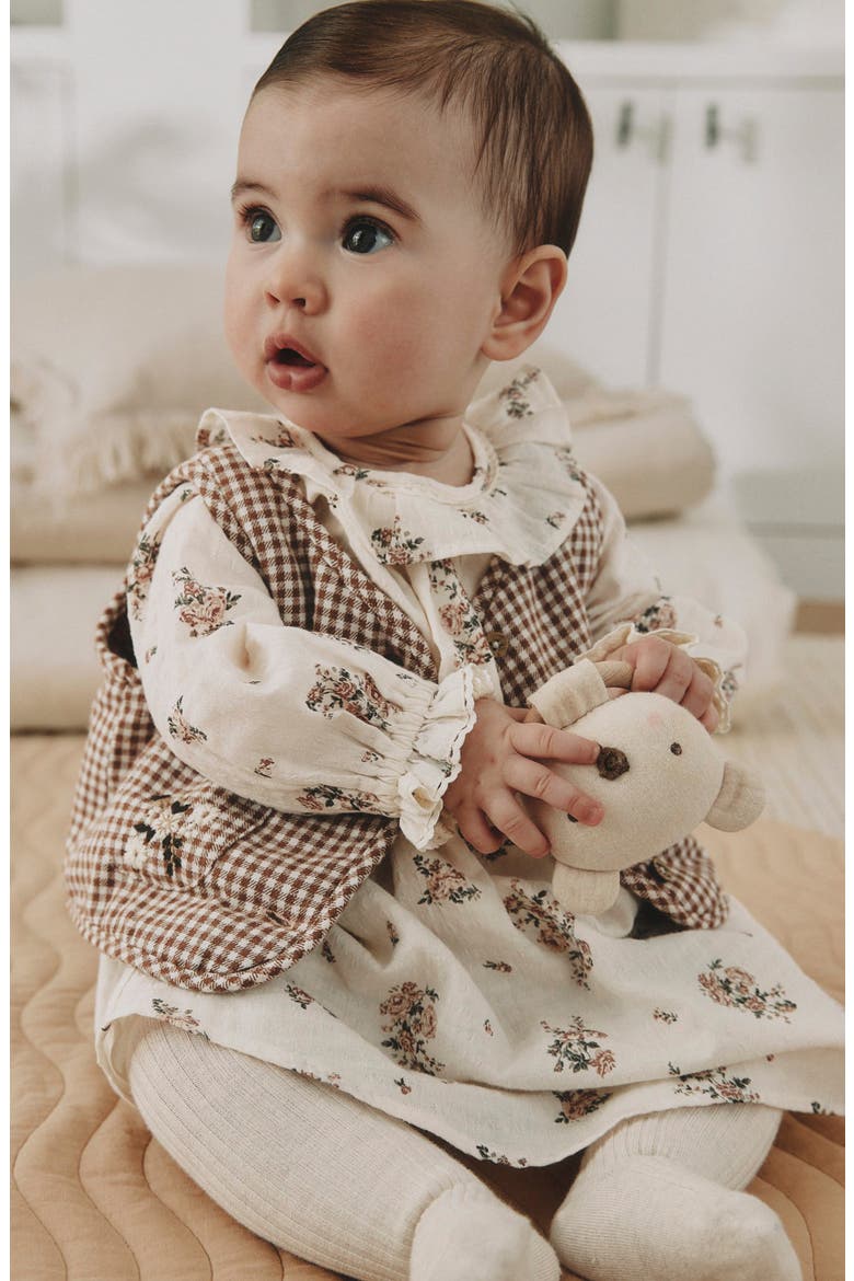 Kids' 3-Piece Floral Dress, Gingham Gilet & Tights Set, Alternate, color, NEUTRAL
