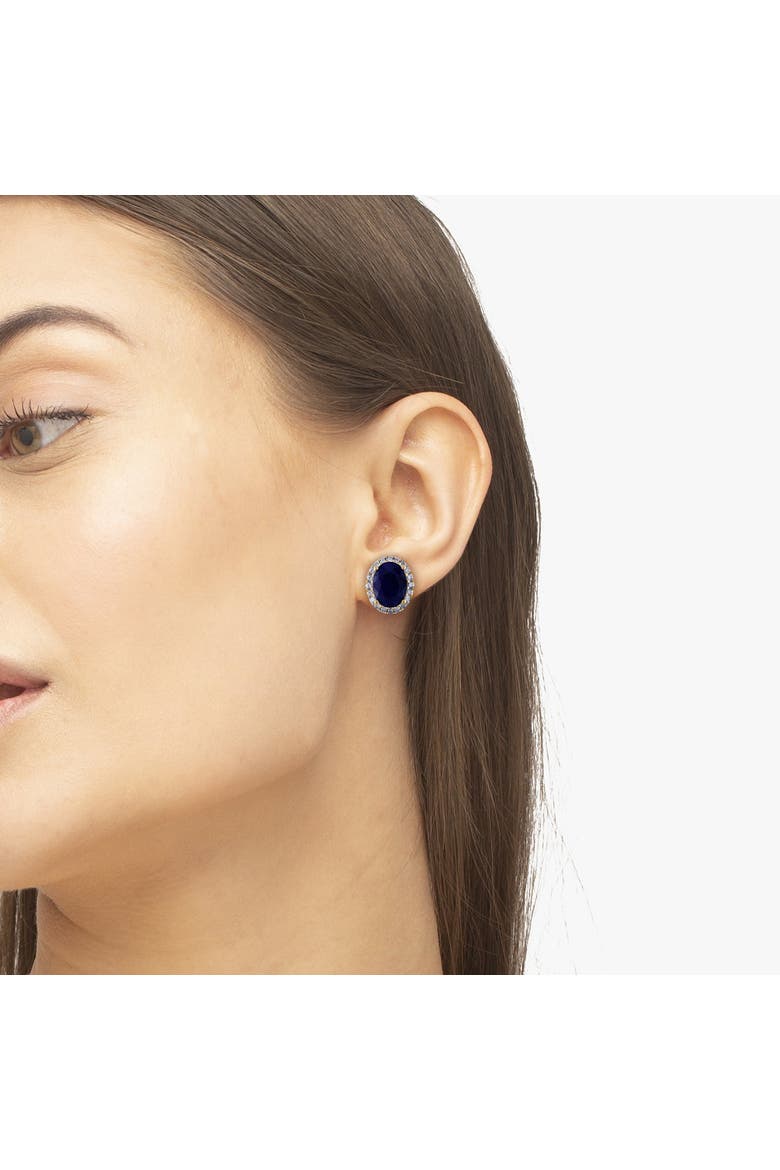 Oval Blue Sapphire & Halo Diamond Stud Earrings 14k, Alternate, color, Yellow Gold