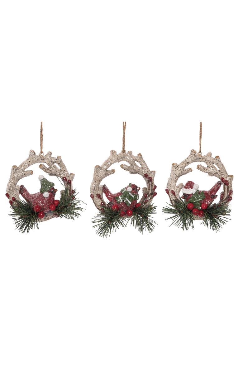 Transpac Resin Cardinal Wreath Ornament Set of 3 Home Decorations, Main, color, Metallic Gold
