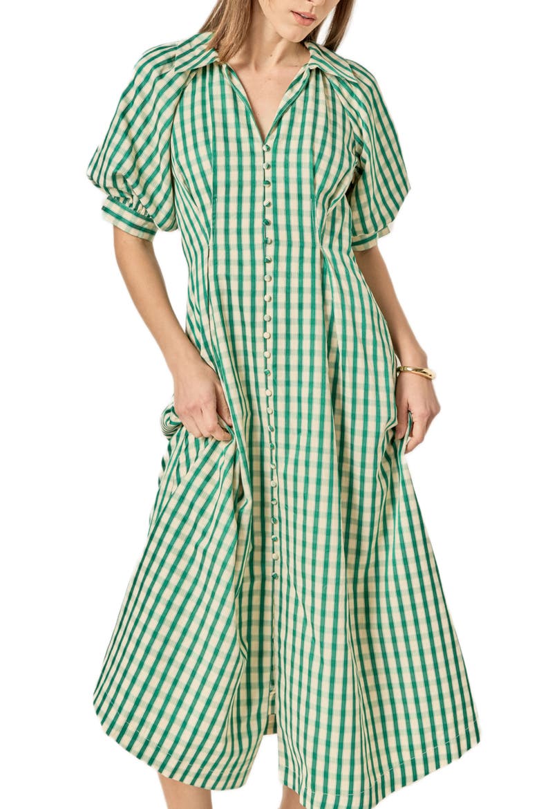 Gingham Puff Sleeve Midi Shirtdress, Alternate, color, GREEN