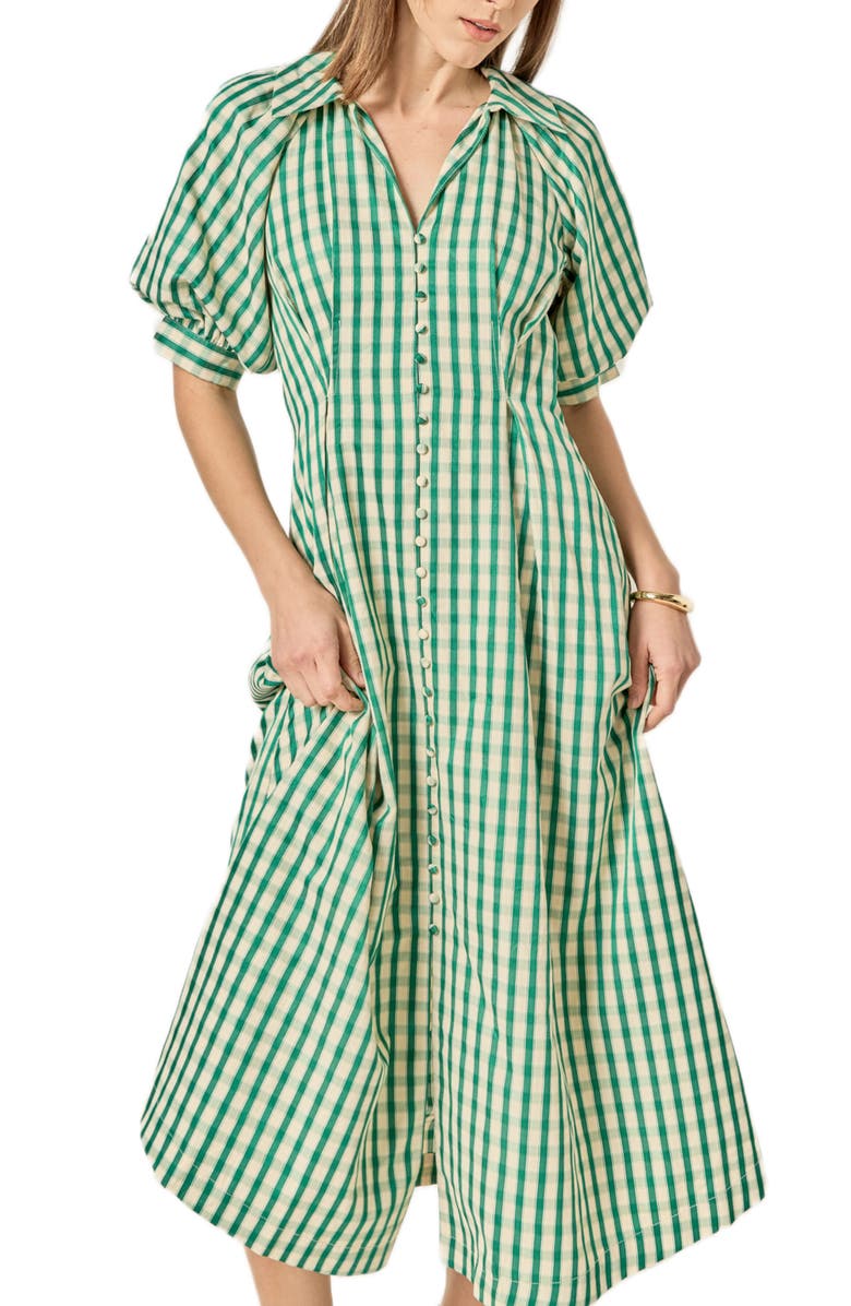 English Factory Gingham Puff Sleeve Midi Shirtdress, Alternate, color, Green