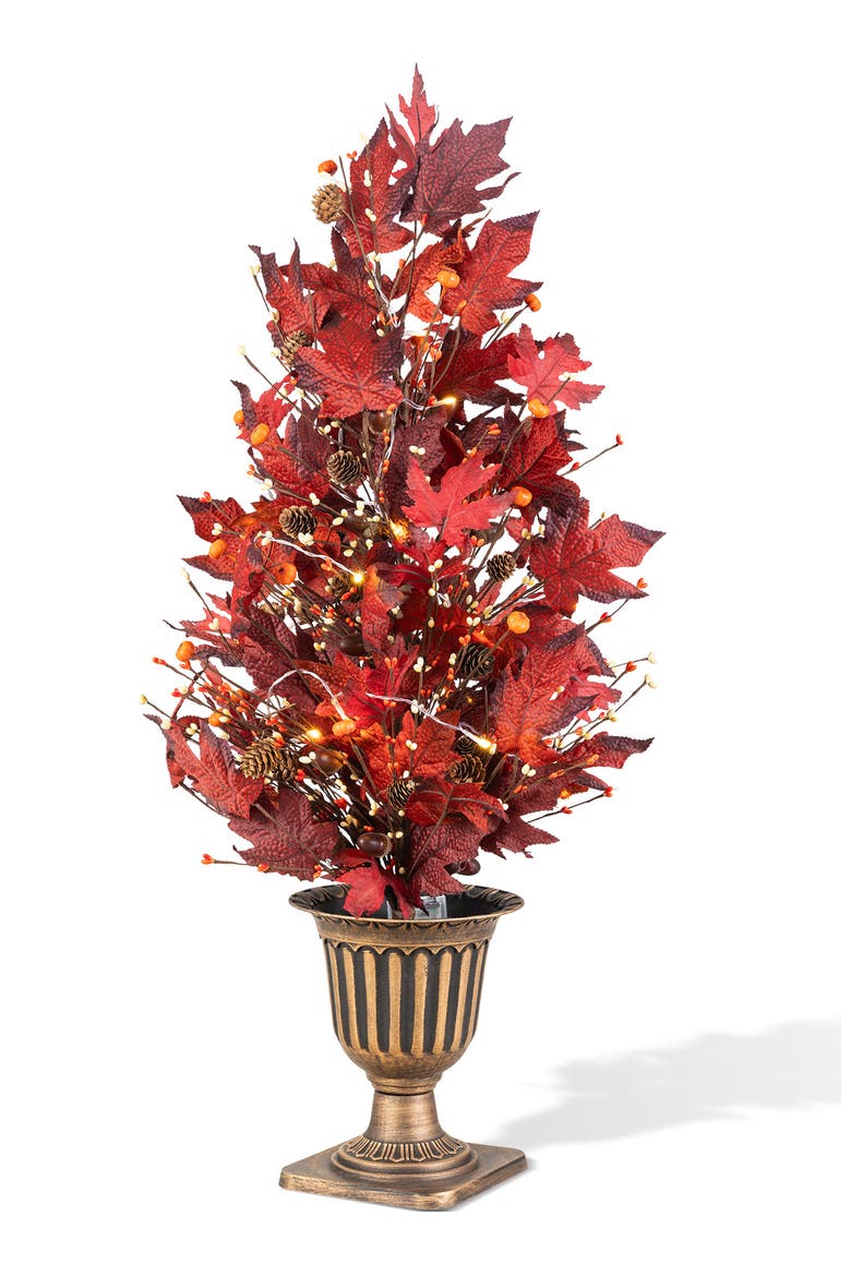 Fall Lighted Maple Leaves Urn Potted Porch Tree With Timer, Main, color, Burgundy