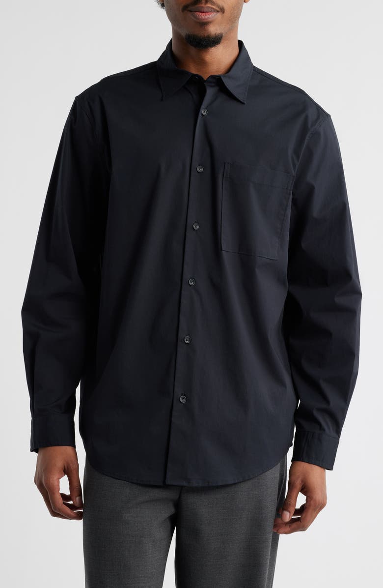 Open Edit Oversize Solid Stretch Cotton Button-Up Shirt, Main, color, Black Caviar