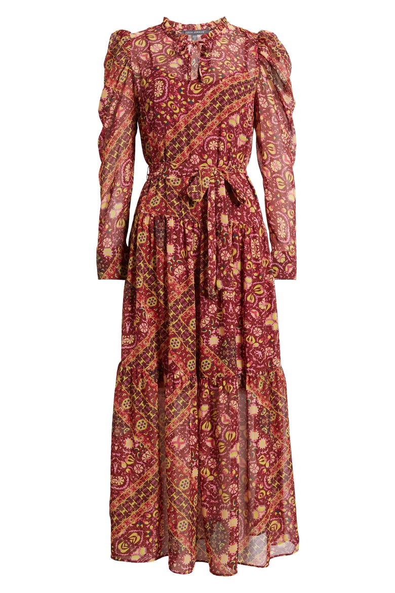 Print Long Sleeve Chiffon Tiered Dress, Alternate, color, RED MULTI