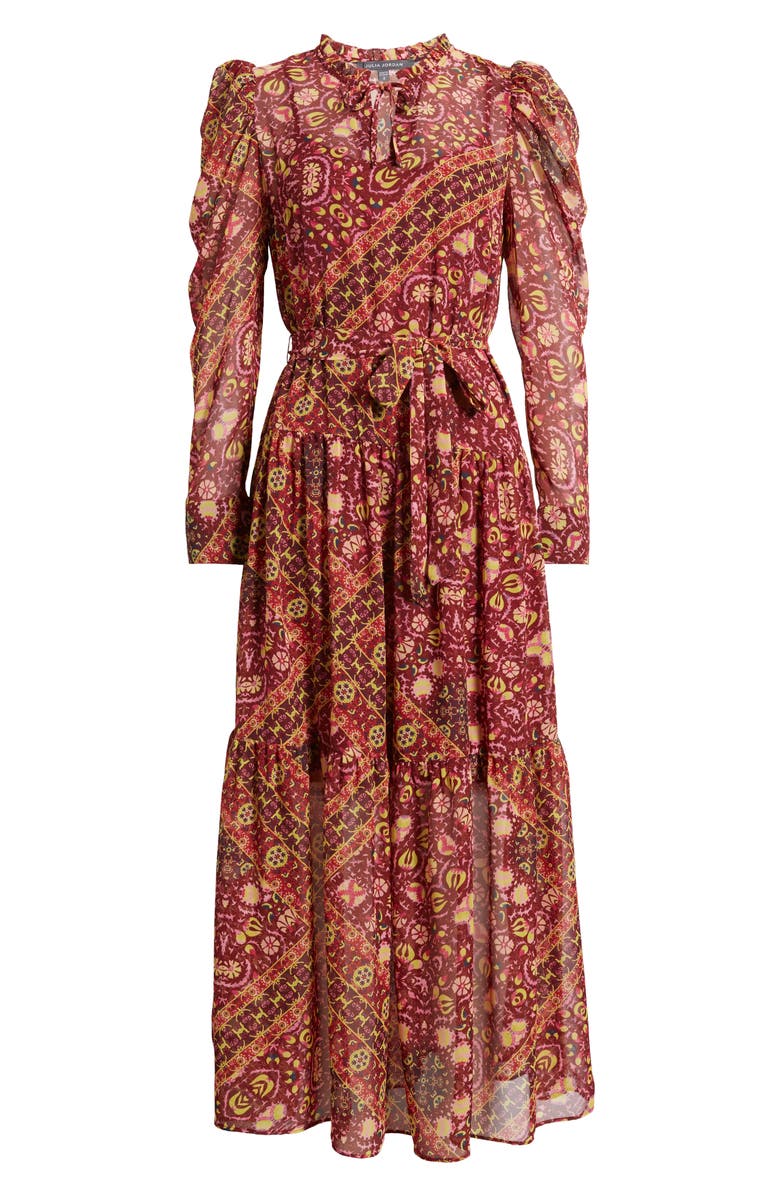 Julia Jordan Print Long Sleeve Chiffon Tiered Dress, Alternate, color, Red Multi