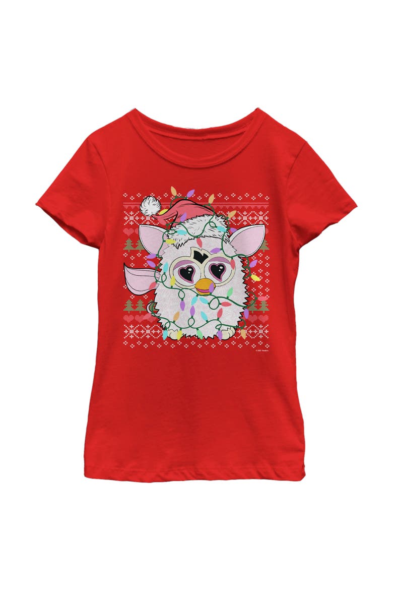 Girls' Christmas Lights Ugly Sweater Print Short Sleeve Graphic T-Shirt, Main, color, Red