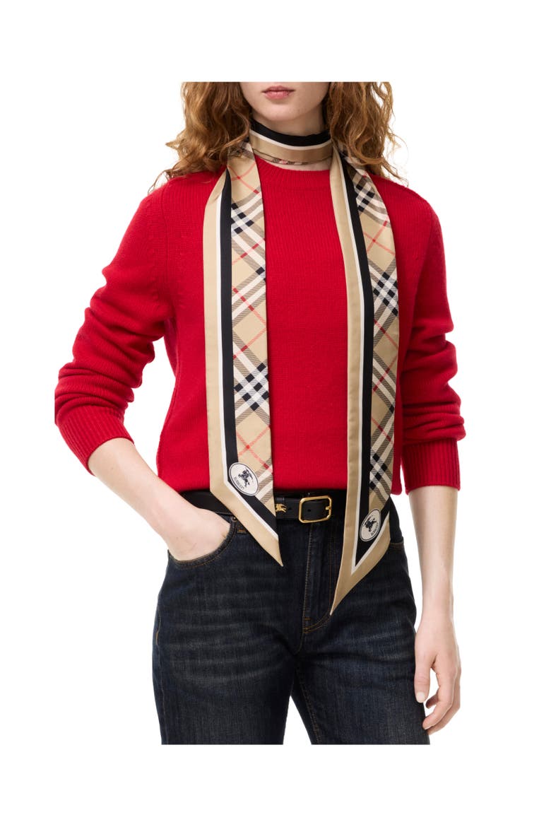 Skinny Check Silk Scarf, Alternate, color, Sand beige