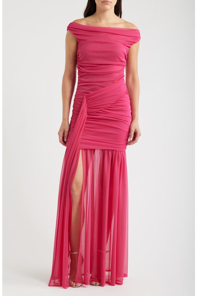 Amara Ruched Off the Shoulder Mesh Gown, Main, color, CERISE