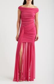 Black Halo Amara Ruched Off the Shoulder Mesh Gown