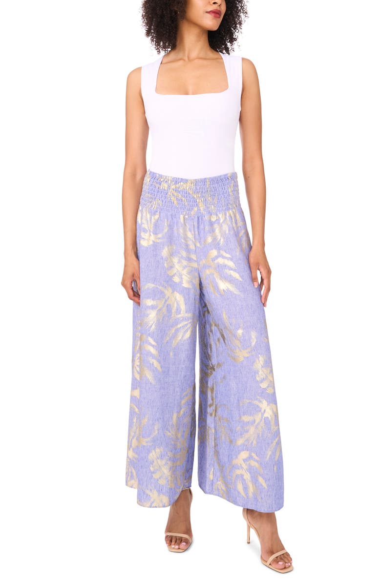 Vince Camuto Printed Smocked Waist Wide Leg Pants, Alternate, color, Blue Globe Blue W Foil