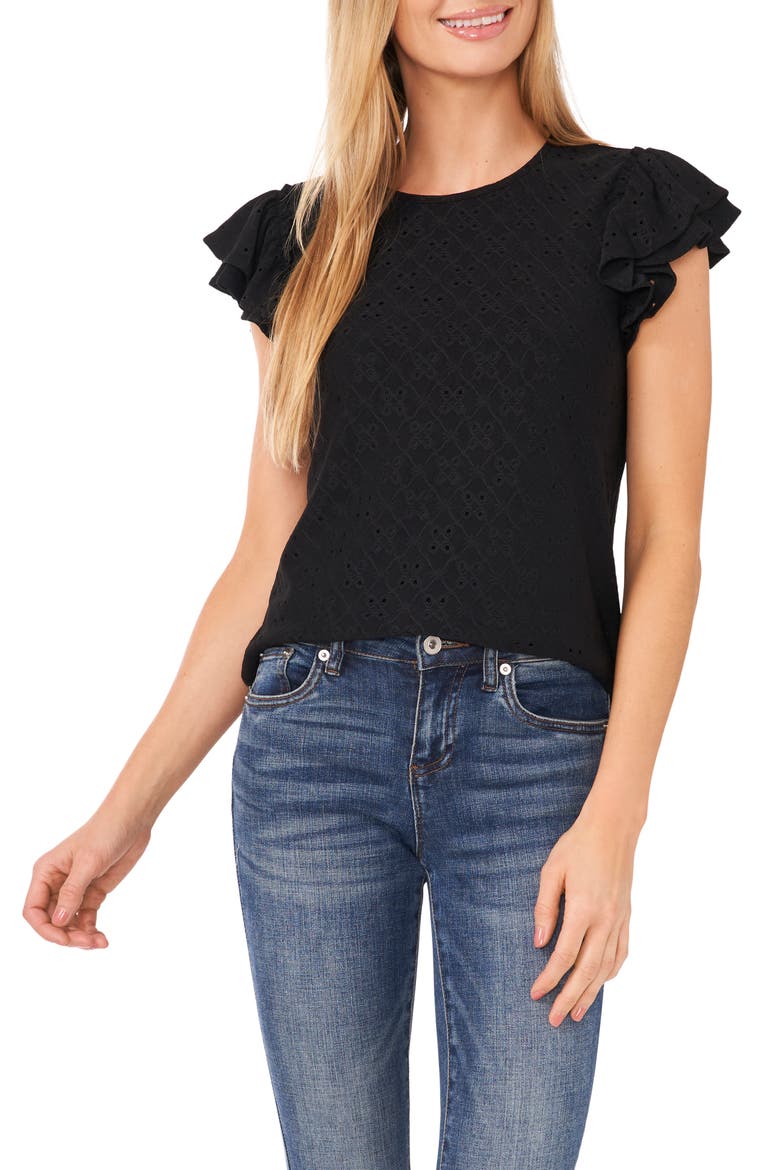 Double Ruffle Sleeve Eyelet Knit Top, Main, color, RICH BLACK